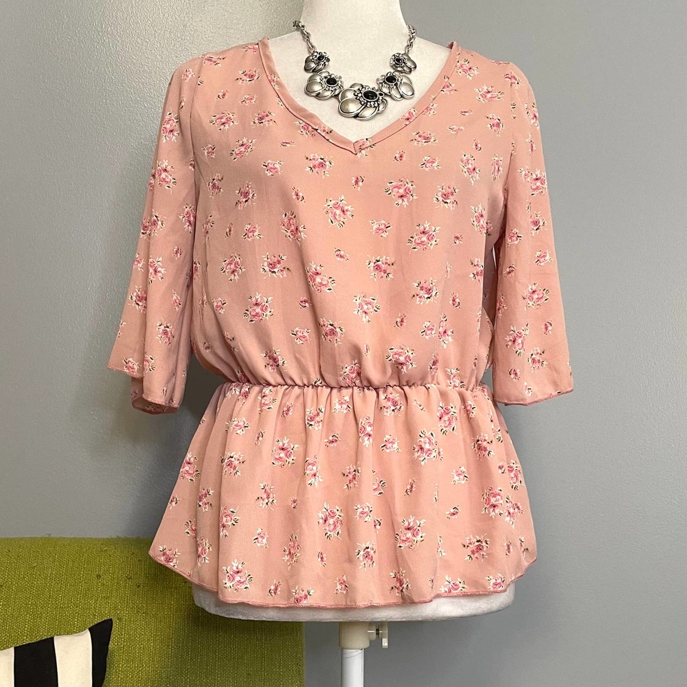 Cozy Rozy Pink Floral Elastic Waist Blouse Top NEW Small